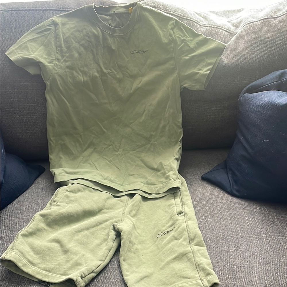 Off-White Olive Green Tee and Shorts Set